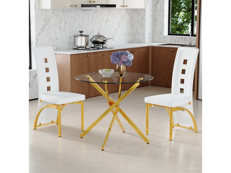  Ensemble table ronde et deux chaises, plateau en verre trempé 88 cm, sièges blancs en similicuir pu et structures métalliques dorées  - Conforama E