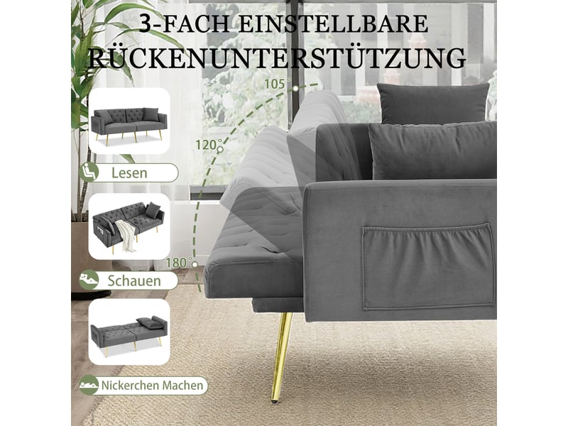  Canapé 2 places, canapé de salon, en velours, gris, dossier réglable 3 positions, 2 coussins inclus, design moderne, pieds en métal  - Conforama R