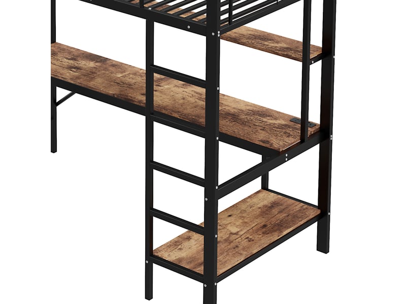  Lit mezzanine enfant 90x200 cm en métal, lit simple avec bureau, étagères, led, usb et prise, sans matelas, noir  - Conforama E