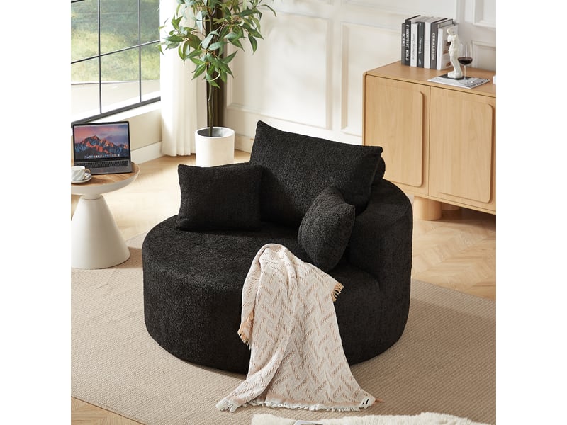  Fauteuil une place en chenille noire, fauteuil lounge moelleux avec coussins, 127 x 127 x 82 cm, sans montage pour salon ou chambre  - Conforama D