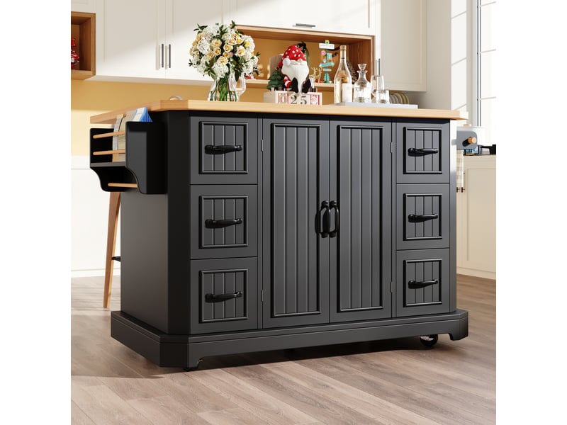  Îlot de cuisine mobile noir, desserte de cuisine avec 2 portes et 6 tiroirs, plateau en bois, 120x45x91 cm  - Conforama B