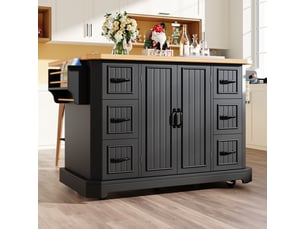 Îlot de cuisine mobile noir, desserte de cuisine avec 2 portes et 6 tiroirs, plateau en bois, 120x45x91 cm