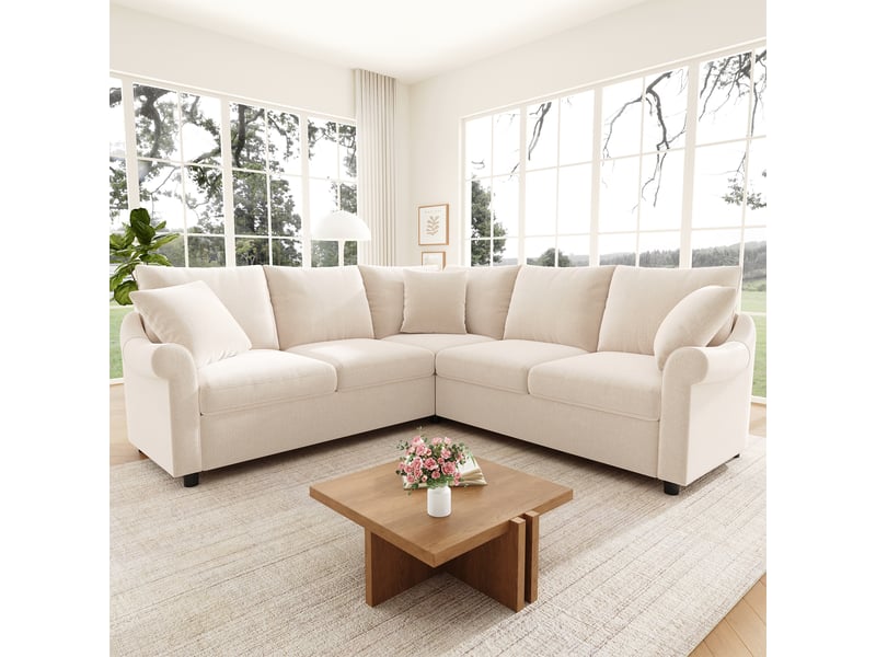  Canapé d'angle en l 5 places 217 x 217 x 83 cm, assise spacieuse et configuration conviviale pour salon, moderne, tissu chenille, beige ABC - Conforama E