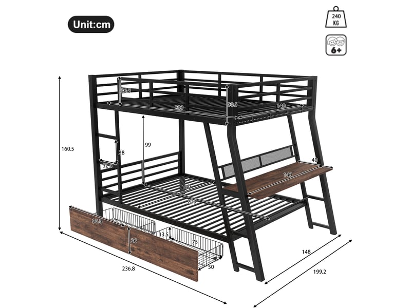  Lits superposés enfant 140x200 cm, led, table, tiroirs, garde-corps, sommiers, métal noir, sans matelas  - Conforama C