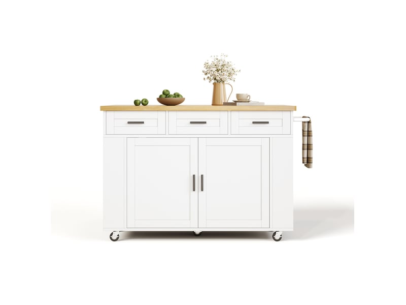  Îlot de cuisine mobile 120x45(70)x84 cm, plateau pliant, prises et ports usb, naturel blanc  - Conforama A