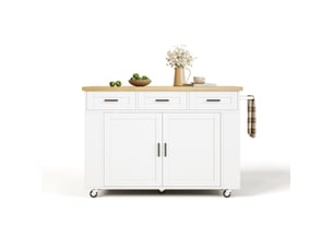 Îlot de cuisine mobile 120x45(70)x84 cm, plateau pliant, prises et ports usb, naturel blanc