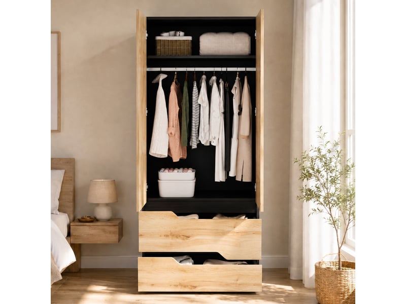 Armoire de chambre 2 portes avec penderie et 2 tiroirs 90x50x200 cm chêne et noir - Conforama B