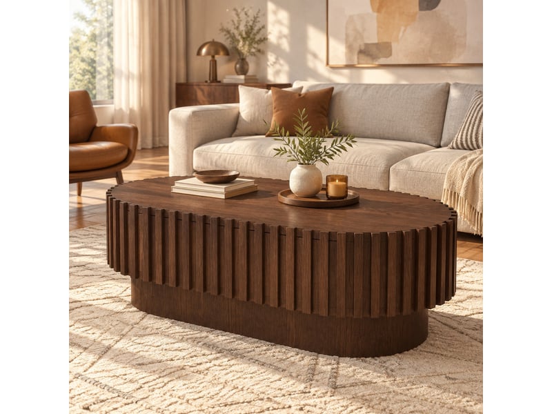  Table basse ovale 100 x 50 x 35,5 cm en mdf bois foncé, 1 tiroir, décor à lamelles verticales pour le salon  - Conforama B