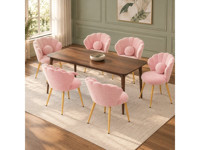  Lot de 6 chaises de salle à manger style coquillage en tissu teddy rose, pieds dorés  - Conforama D