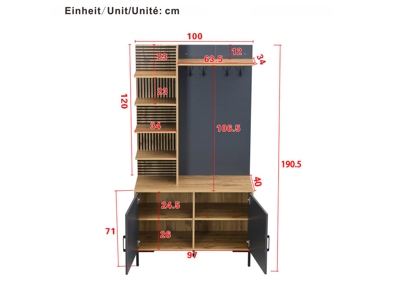  Ensemble vestiaire d'entrée avec compartiment à chaussures, étagères réglables, crochets, bois et noir  - Conforama C