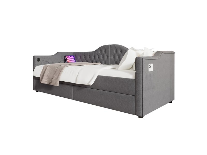  Lit banquette 90x200 cm gris lin, usb type-c, 2 tiroirs, sans matelas  - Conforama D