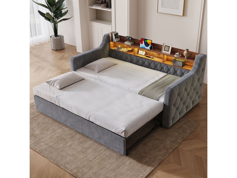 Banquette-lit gigogne 90x190 cm, tête de lit avec rangement, led, usb et usb-c, accoudoirs, sommier à lattes, velours, gris foncé OMNIGLINT TRADING LTD - Conforama B