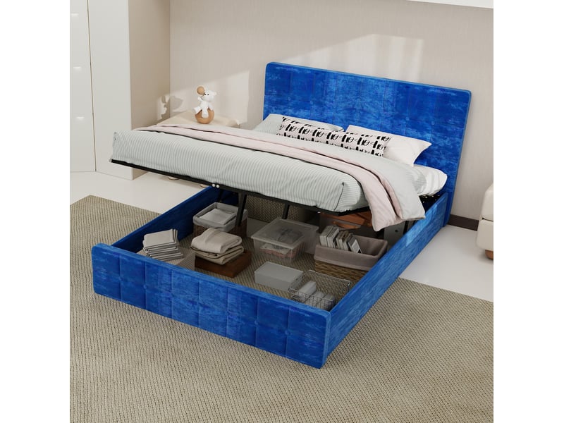 Lit double 140x200 cm en velours bleu, tête de lit capitonnée, style moderne pour chambre - Conforama B