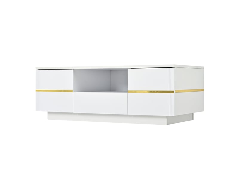  Table basse led 100x50x35,5 cm – blanc et accents dorés – 2 portes, tiroir et rangement ouvert moderne  - Conforama D