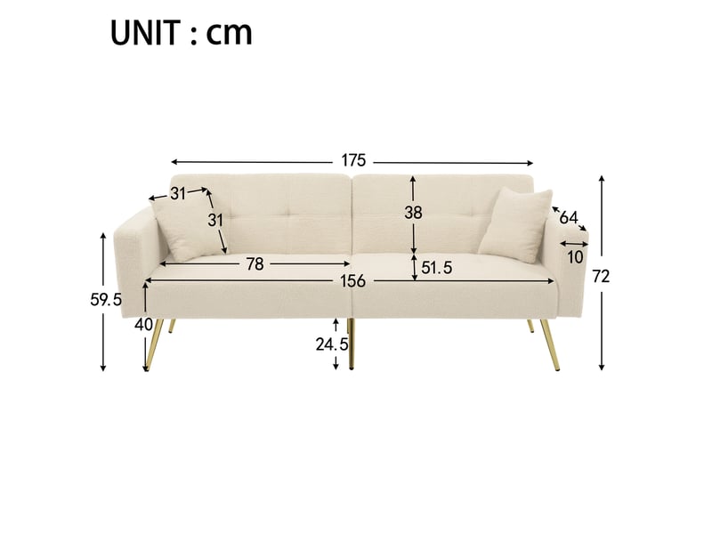  Canapé-lit 2 places 175x64x72 cm, coussins, poches de rangement, pieds dorés, dossier réglable, finition tissu sherpa beige  - Conforama C