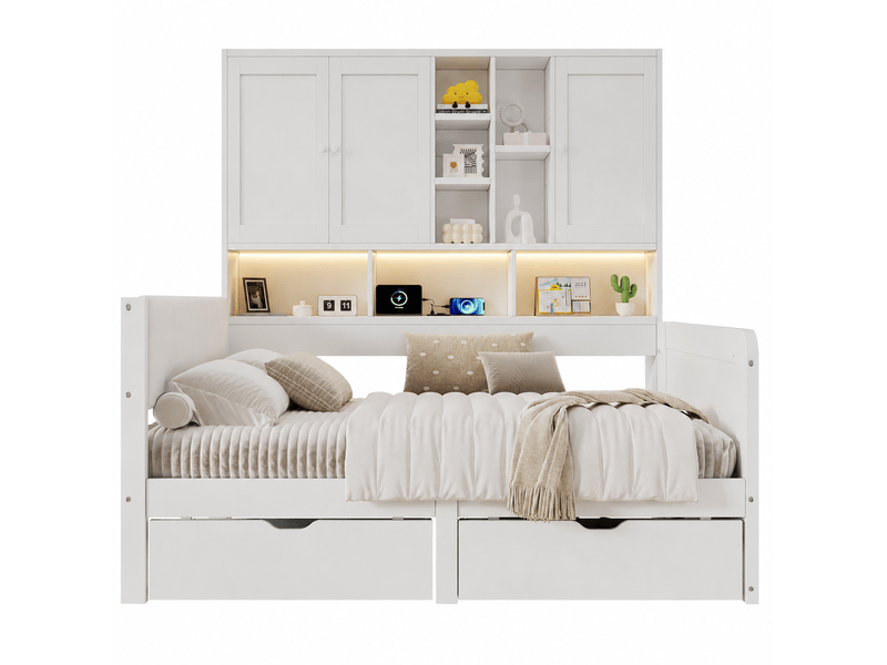 Lit enfant 90 × 200 cm 1 place avec led, usb, usb-c, prise, étagères, placards et 2 tiroirs, sans matelas, blanc - Conforama A