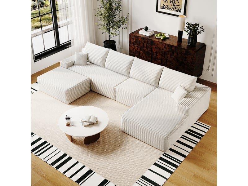  Canapé d’angle modulable 340 x 175 x 83 cm 4 places avec pouf, méridienne en l, assise profonde, sans montage, canapé compressé, blanc Bliss Lite - Conforama E