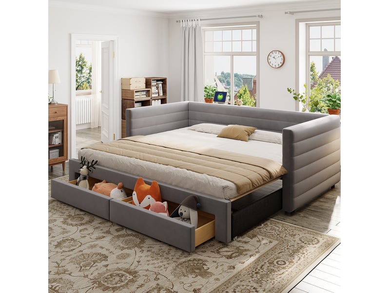  Lit gigogne 3-en-1 90x190 cm, lit 2 places et enfant, avec tiroirs, banquette, design moderne, mdf, gris, sans matelas  - Conforama E
