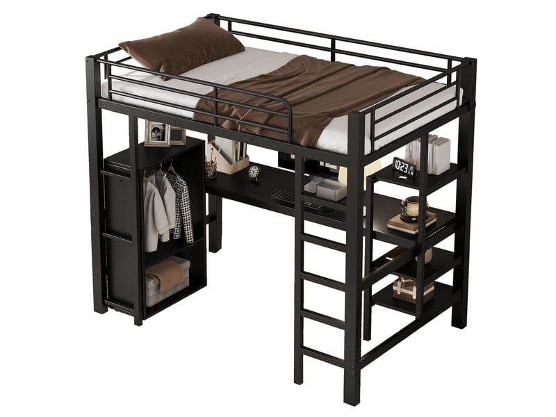  Lit superposé 90x200 cm avec bureau et rangement en métal et mdf noir  - Conforama A