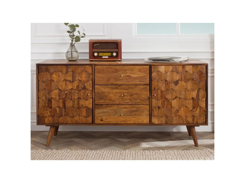  Buffet scani 145 cm en bois massif de sheesham verni – 2 portes sculptées et 3 tiroirs  - Conforama B