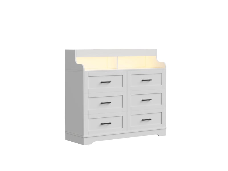  Commode 6 tiroirs - 73x39.5x114cm -  meuble de rangement avec niche ouverte, bande led rgb réglable, style scandinave - blanc  - Conforama A