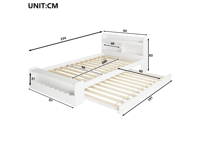 Lit gigogne 90x200 à 90x190 cm, lit avec couchage d’appoint, éclairage led, construction robuste et durable, charge maximale 200 kg, mdf blanc CozyNest - Conforama A
