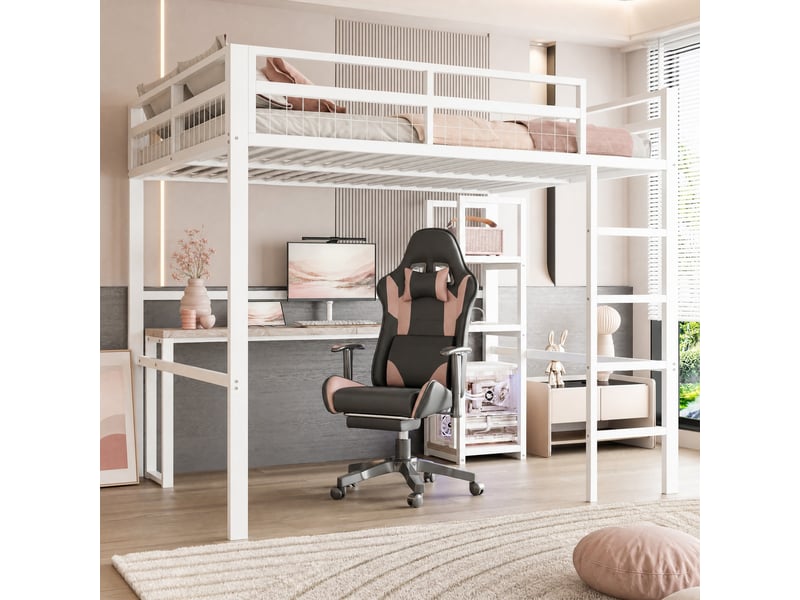  Lit mezzanine tcqpz 140 x 200 cm en métal blanc avec bureau prises usb et usb type-c étagères et échelle  - Conforama B