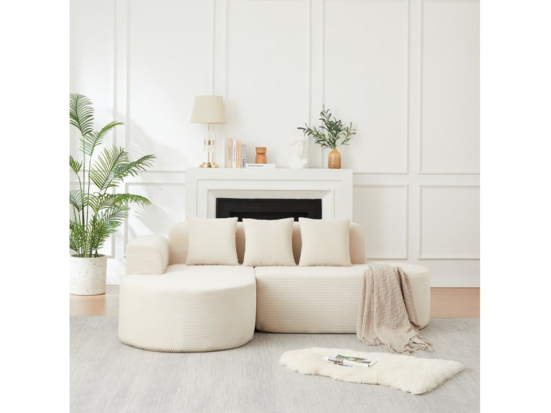 Canapé d'angle 4 places à méridienne incurvée avec accoudoirs arrondis, en velours côtelé beige, 220 × 155 × 70 cm - Conforama E
