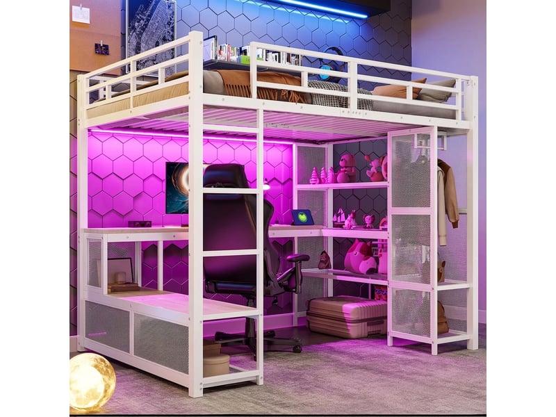  Lit mezzanine 140x200 en métal avec bureau intégré, led et usb, blanc  - Conforama B