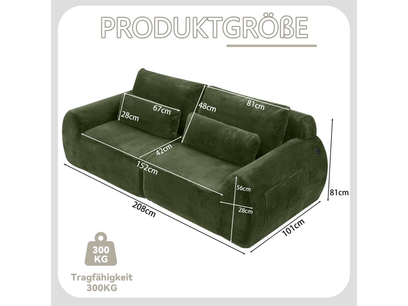  Canapé 2 places, ports usb, poche latérale, mousse, vert  - Conforama E