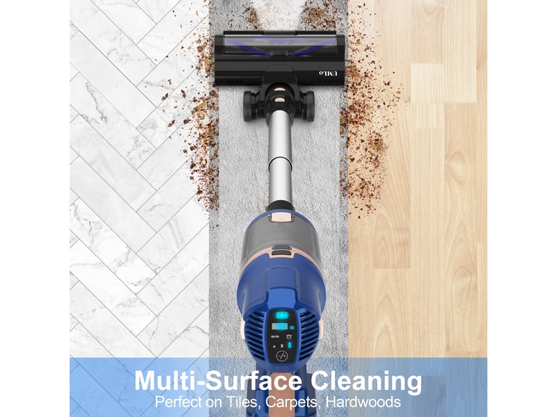  Aspirateur balai sans fil 2-en-1, moteur sans balais 300 w, filtration hepa, batterie 4000 mah, écran led, bleu  - Conforama D
