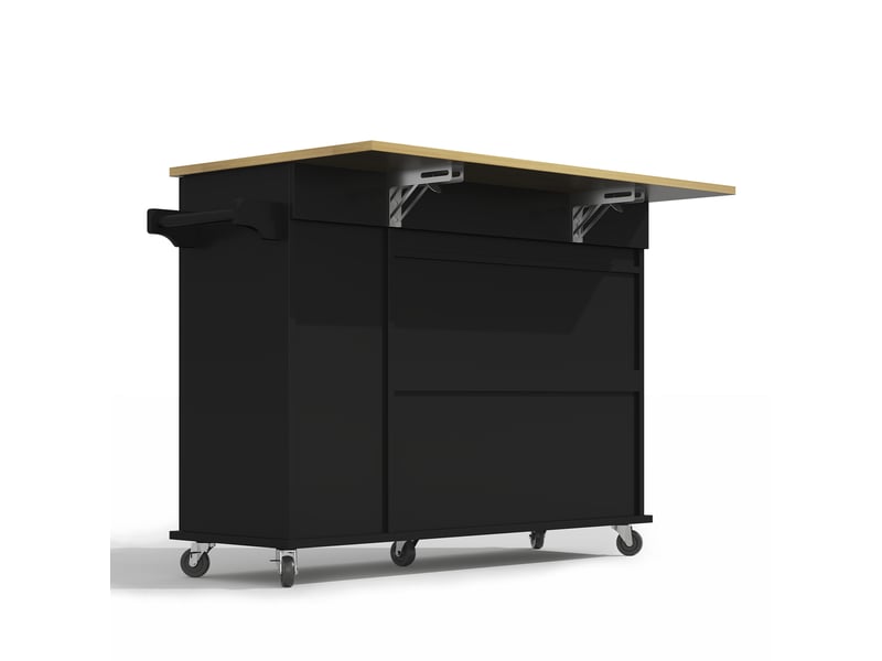  Îlot de cuisine à roulettes rabattable 120x40(65)x90 cm avec organiseur coulissant 3 niveaux, mdf, noir et naturel  - Conforama D