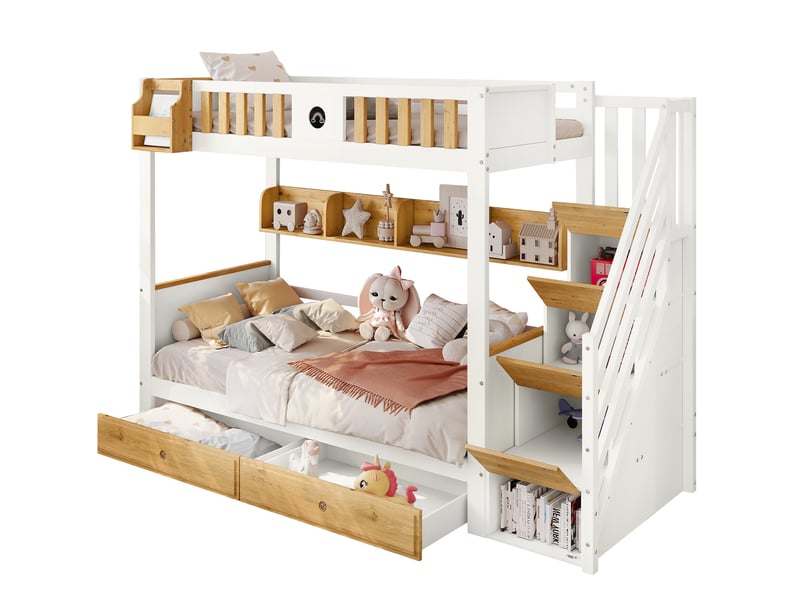  Lit superposé enfant 90x200 cm – blanc et naturel – escalier de rangement, 2 tiroirs et étagères - sans matelas  - Conforama A