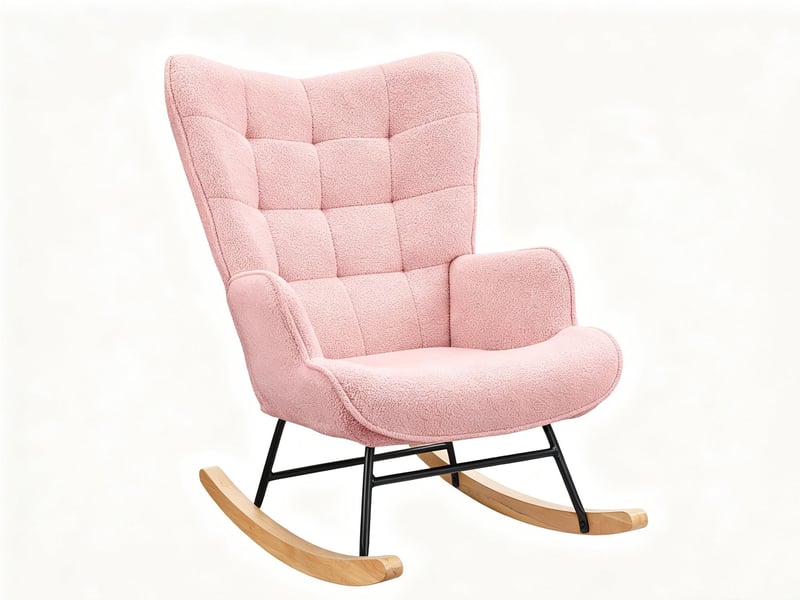 Pink teddy bear plush rocking chair, square tufted high-backed cushioned rocking chair with wooden rocking rod, suitable for bedroom, nursery, and living room. - Conforama A