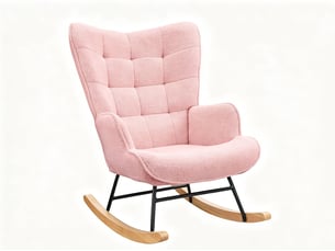 Pink teddy bear plush rocking chair, square tufted high-backed cushioned rocking chair with wooden rocking rod, suitable for bedroom, nursery, and living room.