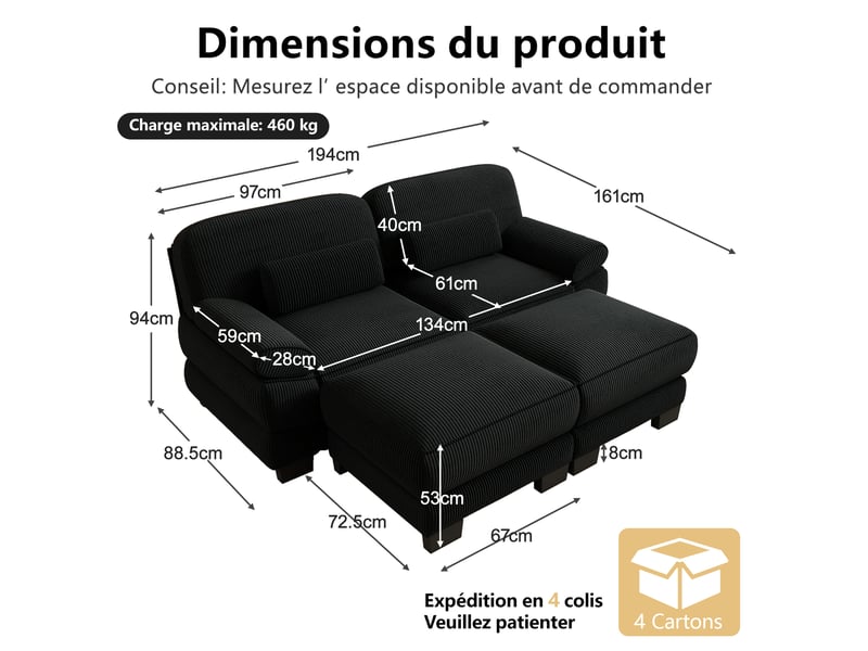  Canapé modulable 2 places avec 2 poufs en velours côtelé noir  - Conforama C