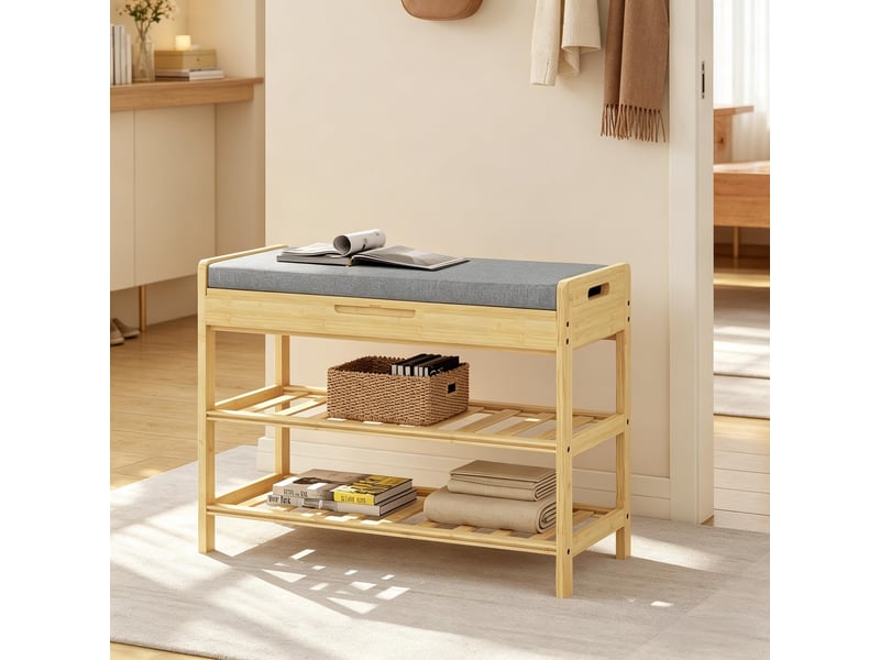  Banc à chaussures avec coffre et 2 étagères en bambou 68x30x50 cm T5828P513663 - Conforama B