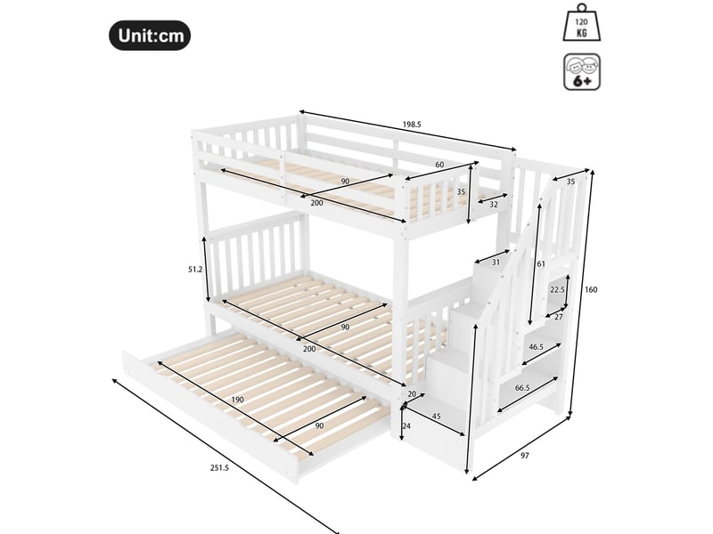  Lit superposé 90x200 cm avec lit gigogne bois et mdf blanc sans matelas  - Conforama E