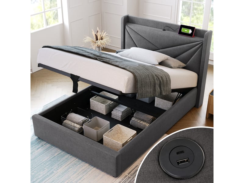  Lit rembourré simple 90x200 cm en coton et lin gris avec coffre, usb type-c, tête de lit et matelas inclus  - Conforama E