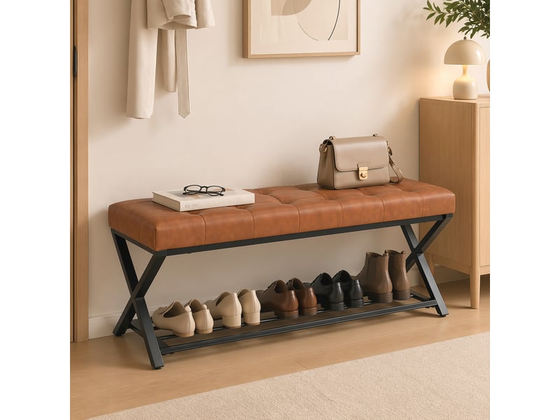  Banc à chaussures, banc d'entrée revêtu de similicuir, capacité de charge jusqu'à 220 kg, pour couloir ou entrée, 112 x 37 x 47 cm, marron  - Conforama D