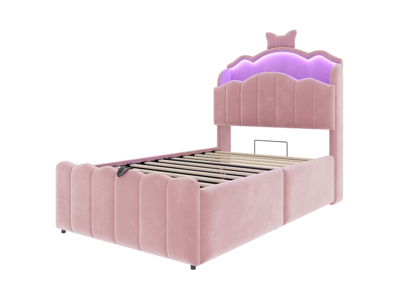 Lit coffre 90x200 cm - lit avec rangement hydraulique, tête de lit avec led, usb et usb-c - velours - rose - Conforama W