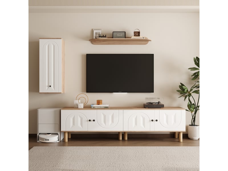  Composition murale tv 180 cm – blanc et bois, portes décor sculpté, meuble salon moderne  - Conforama E