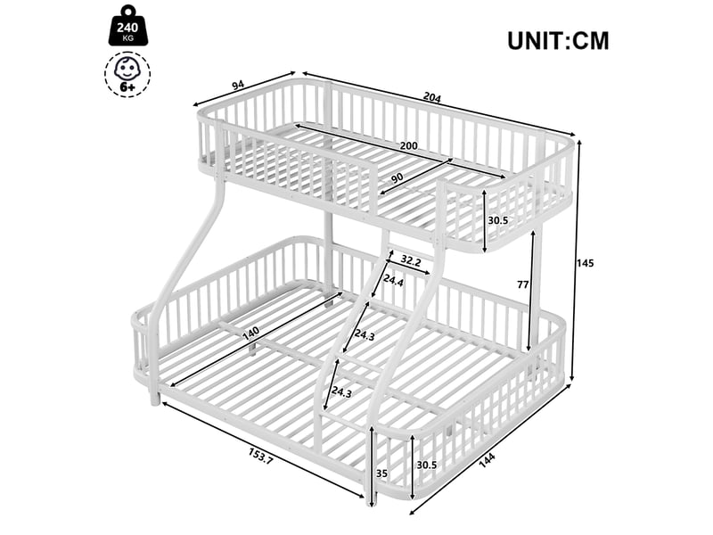  Lit superposé 90 x 200 cm, 140 x 200 cm, cadre en métal, garde-corps, échelle, sans matelas, blanc  - Conforama B
