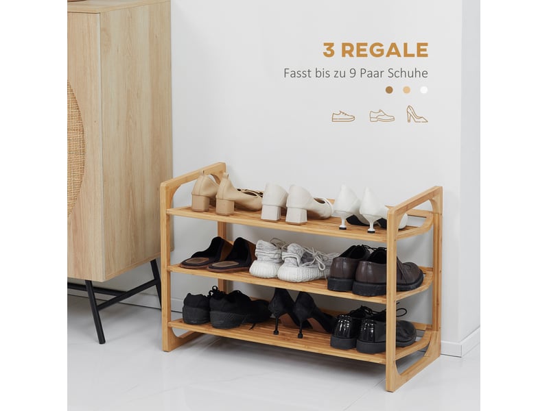  Étagère à chaussures tcqpz 3 niveaux avec poignée bambou naturel 76 x 33 x 51 cm jusqu’à 9 paires  - Conforama D