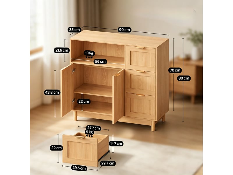 Buffet modenvie en effet bois 90 x 35 x 80 cm avec 3 tiroirs, 2 portes, niche ouverte, panneaux de particules et mdf - Conforama C