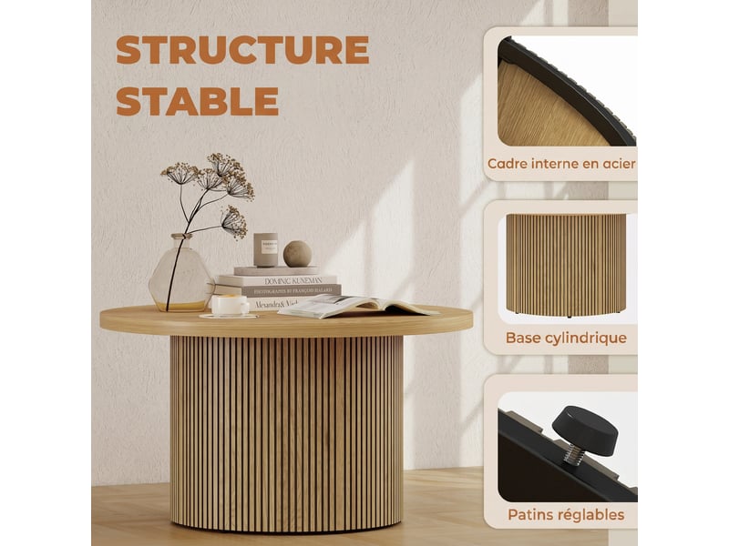  Table basse ronde en bois, table de salon avec piètement cannelé, effet bois naturel, style moderne  - Conforama E