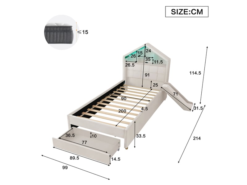  Lit enfant 90x200 cm avec toboggan réversible, éclairage led, rangement et tiroir, velours beige, sans matelas  - Conforama C
