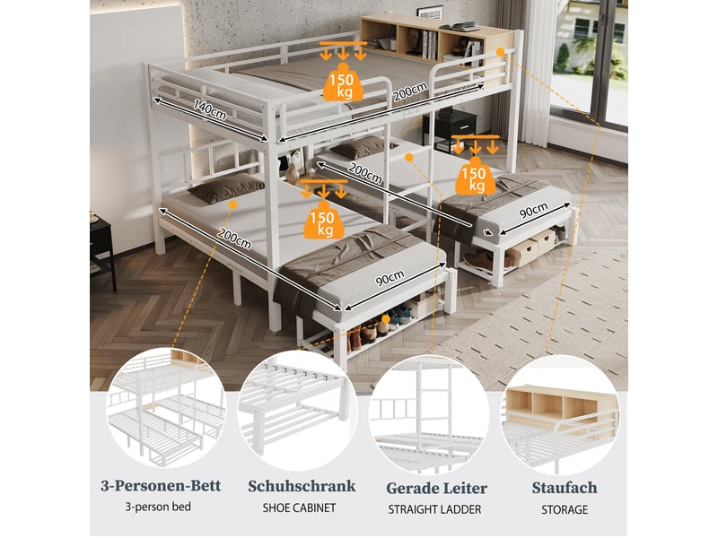  Lit superposé familial en métal, 140 x 200 cm + 2 x 90 x 200 cm, 3 couchages, étagère et rangement chaussures, blanc evarich - Conforama D