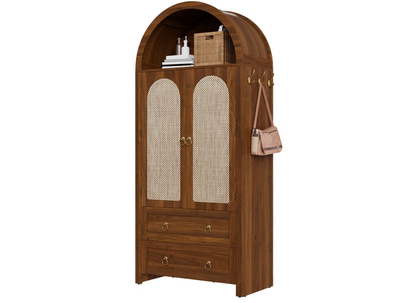  Buffet haut 80x40x180 cm avec 2 portes en cannage et doubles tiroirs en mdf couleur marron  - Conforama A