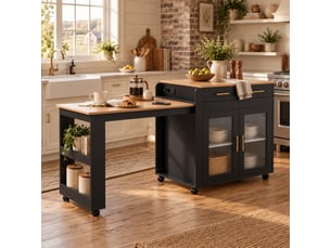 Îlot de cuisine extensible noir avec prises et rangements 177 cm